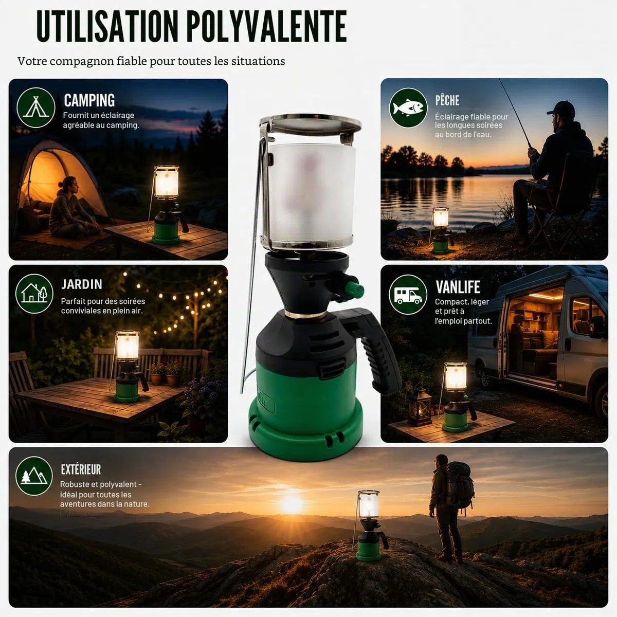 Lampe à gaz Nola avec 3 ampoules - Lampe de camping à cartouche de gaz, Lanterne à gaz d'extérieur au propane, Lampe à cartouche de gaz pour le camping, Lampe de camping Art. 930