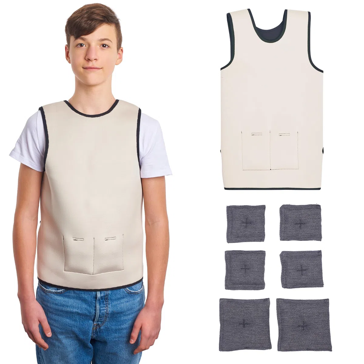 Gilet lesté pour enfants | Offre un confort de pression profonde | Outils de TDAH pour enfants | Vêtements sensoriels pour autisme, beige, Large