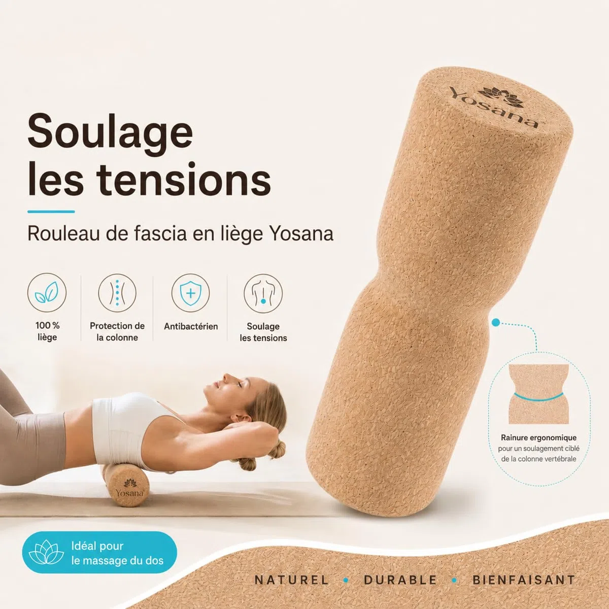 Rouleau de fascia en liège | Rouleau de dos dur pour le massage du dos et l'entraînement du fascia | Rouleau de liège durable | 30x10cm