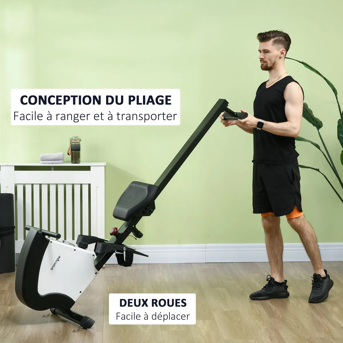 SPORTNOW Rameur d'appartement Pliable, Aosom.FR x FFHandball, avec freinage magnétique Silencieux, 8 Niveaux de résistance, écran Multifonction LCD, en Acier Noir Blanc