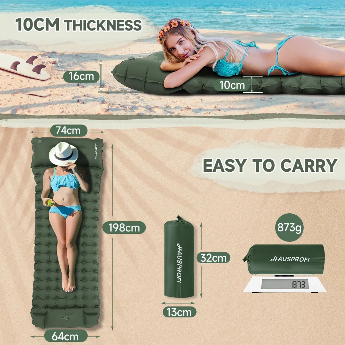 HAUSPROFI Matelas isolant de camping, 10 cm, ultra léger, avec pompe à pied et coussin, matelas gonflable compact et léger, tapis de camping pour randonnée, plage, extérieur, vert armée