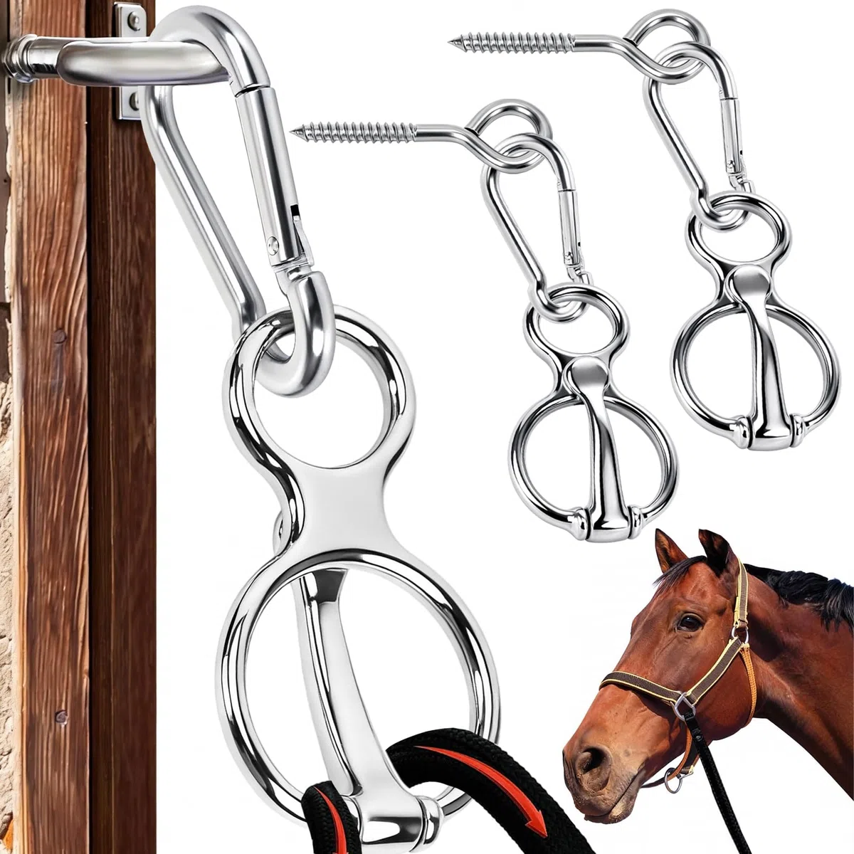 Lot de 2 Anneau d'attache pour cheval, en Acier Inoxydable Anneau de Cravate pour Chevaux pour Accessoires de Cheval de Sécurité à Dégagement Rapide, aide à tirer vers l'arrière, libère le stress du