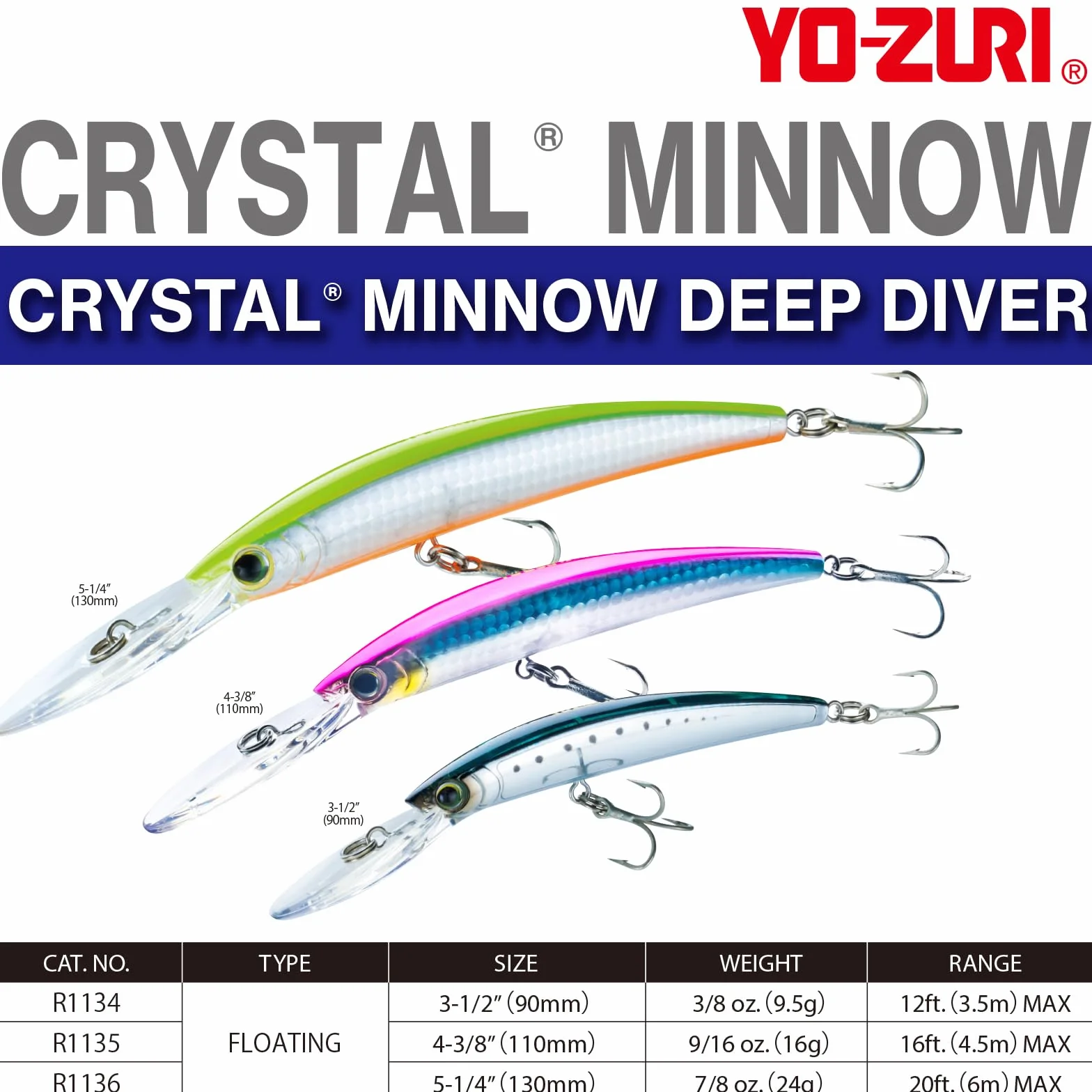 Yo-Zuri Crystal Minnow Deep Diver Leurre Flottant pour la pêche