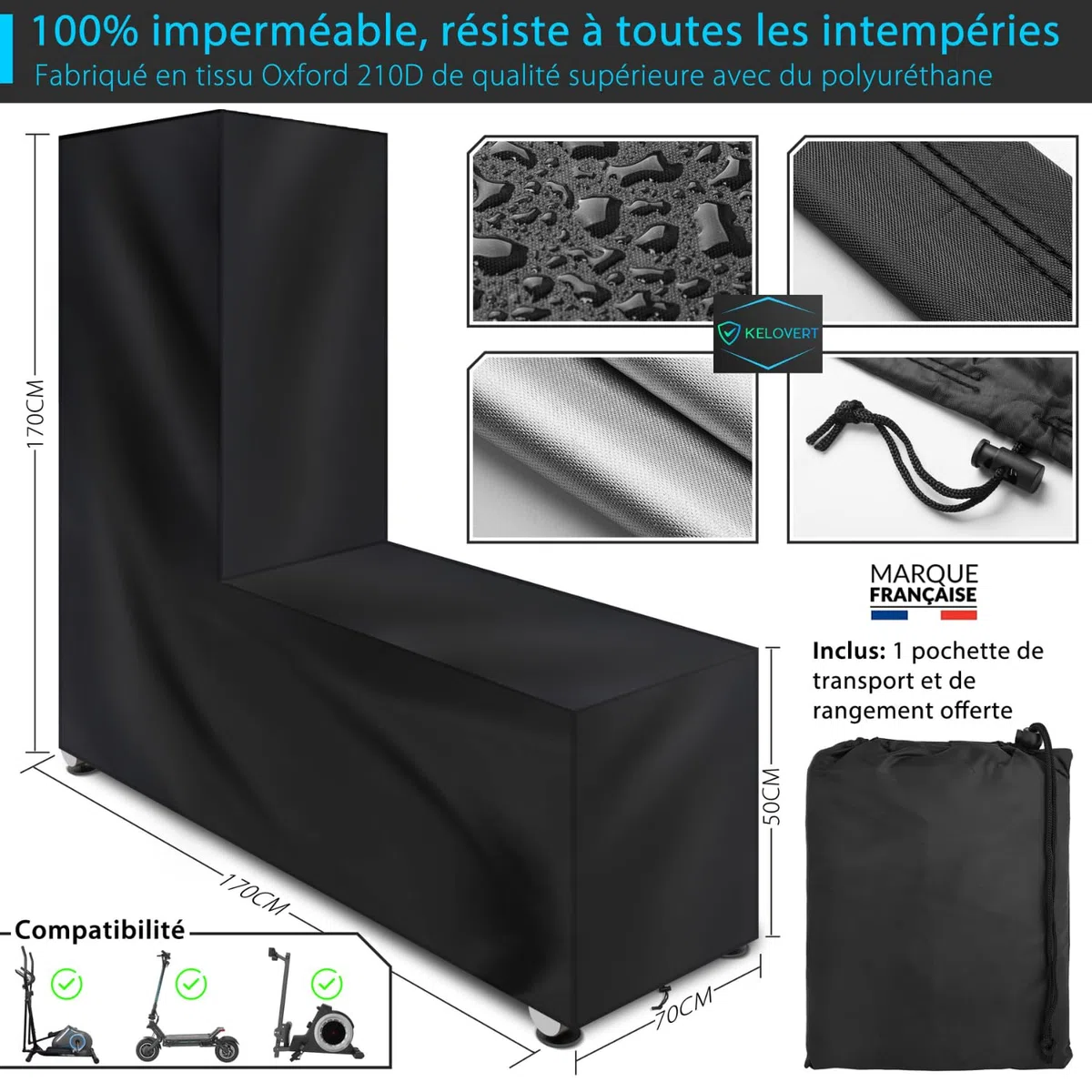 Housse Velo Elliptique Extérieur/Intérieur Imperméable ✮MARQUE FRANCAISE✮ Accessoire Bache Protection Intégral 170x170x70cm Couverture Cross trainer Eliptical Machine Appartement (GARANTIE À VIE)+Étui