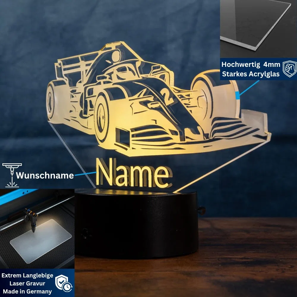 Lampe Formule 1 personnalisée avec prénom – Veilleuse LED voiture de course pour enfant et fan automobile, décoration chambre, 16 couleurs dimmables