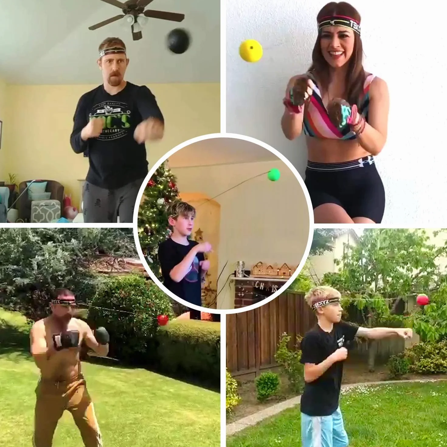 Tekxyz Pack Familial balles de Boxe avec Bandeaux pour entraînement des réflexes | 2 Bandeaux réglables + 2 balles débutant + 1 Balle vétéran + 1 Balle pour Boxeur et Plus