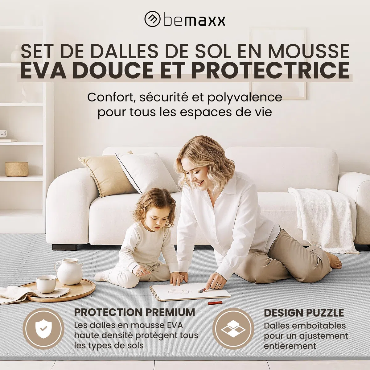 Tapis de Fitness Protection de Sol Salle de Sport - Dalles en Mousse sans BPA + Bordures | Matelas Puzzle Tatami EVA Caoutchouc pour Matériel Gym Banc de Musculation Course Garage Piscine Isolation