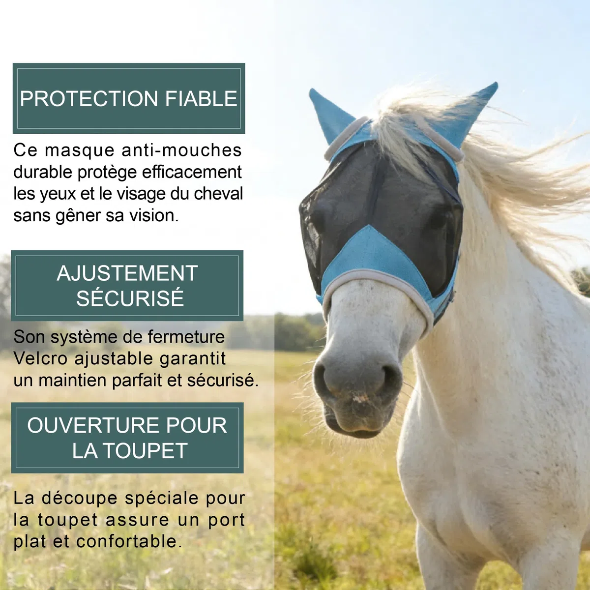 Masque Anti-Mouches pour Chevaux, avec Protection pour Les Oreilles, Protection Anti-UV, Maille Respirante, Large Espace pour Les Yeux, Trou pour Le Toupet, sans Frottement, Bleu Lac Large