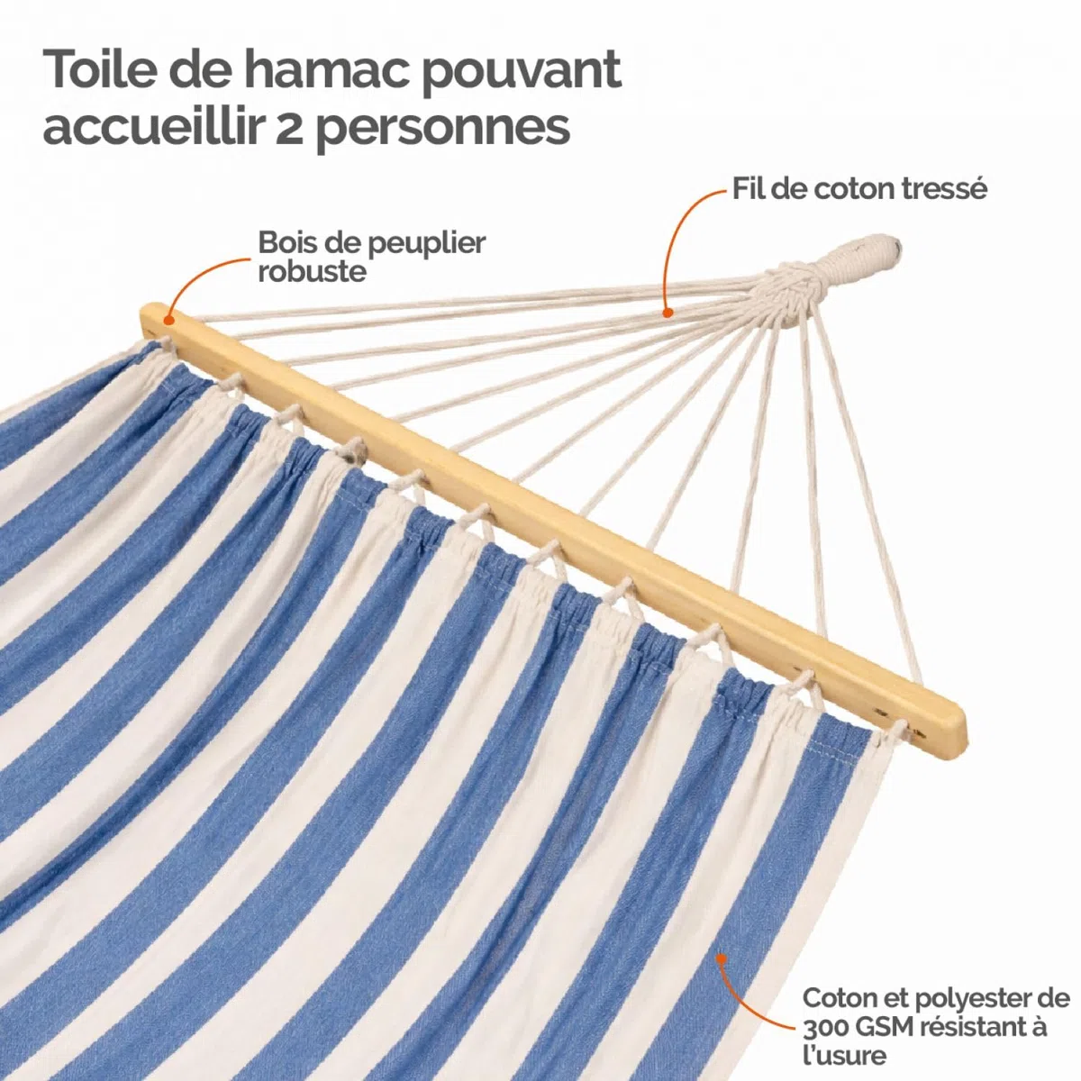 Linxor - Toile de hamac 2 Personnes 150 x 270 cm avec système d'attache - Plusieurs Coloris Disponibles