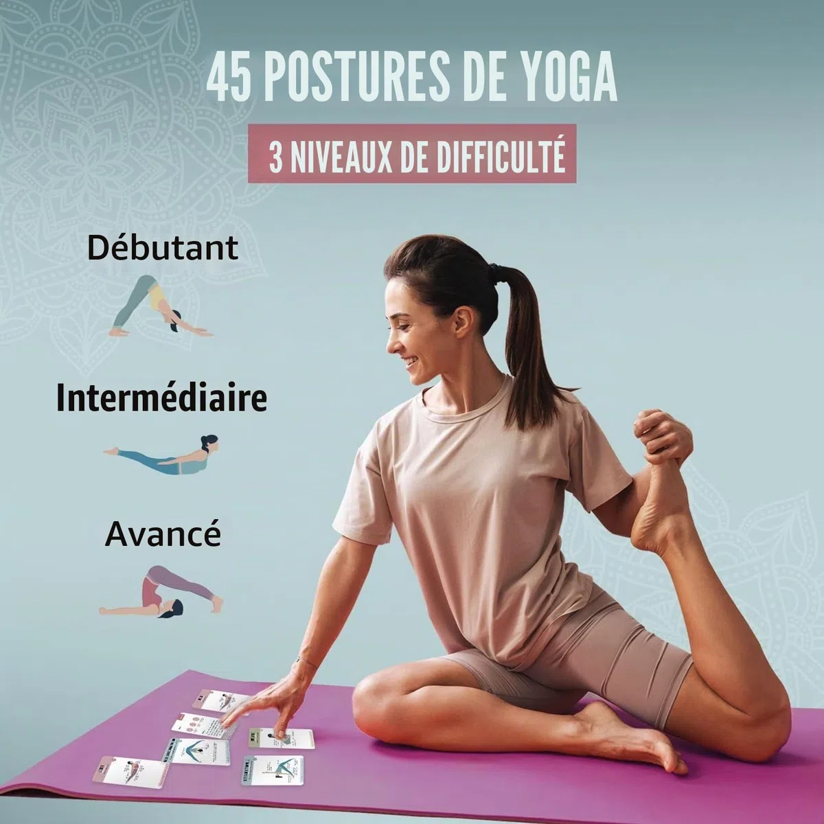 Merka Yoga Pose Flashcard Deck – 50 cartes flash en plastique – 45 asanas, 4 séquences, noms sanskrit – Équipement de fitness portable