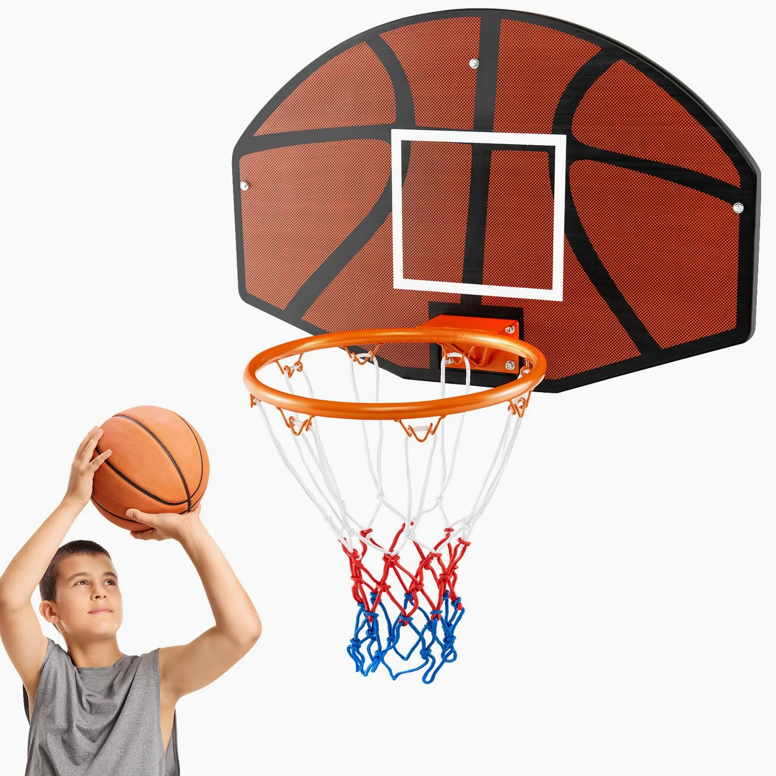 COSTWAY Panier de Basket Mural 32,5 cm avec Panneau Incassable, Panier Basket-Ball avec Filet Anti-déchirure Accessoires Complets, pour Enfants Adolescents Adultes, 66,5 x 44,5 cm, Noir+Rouge