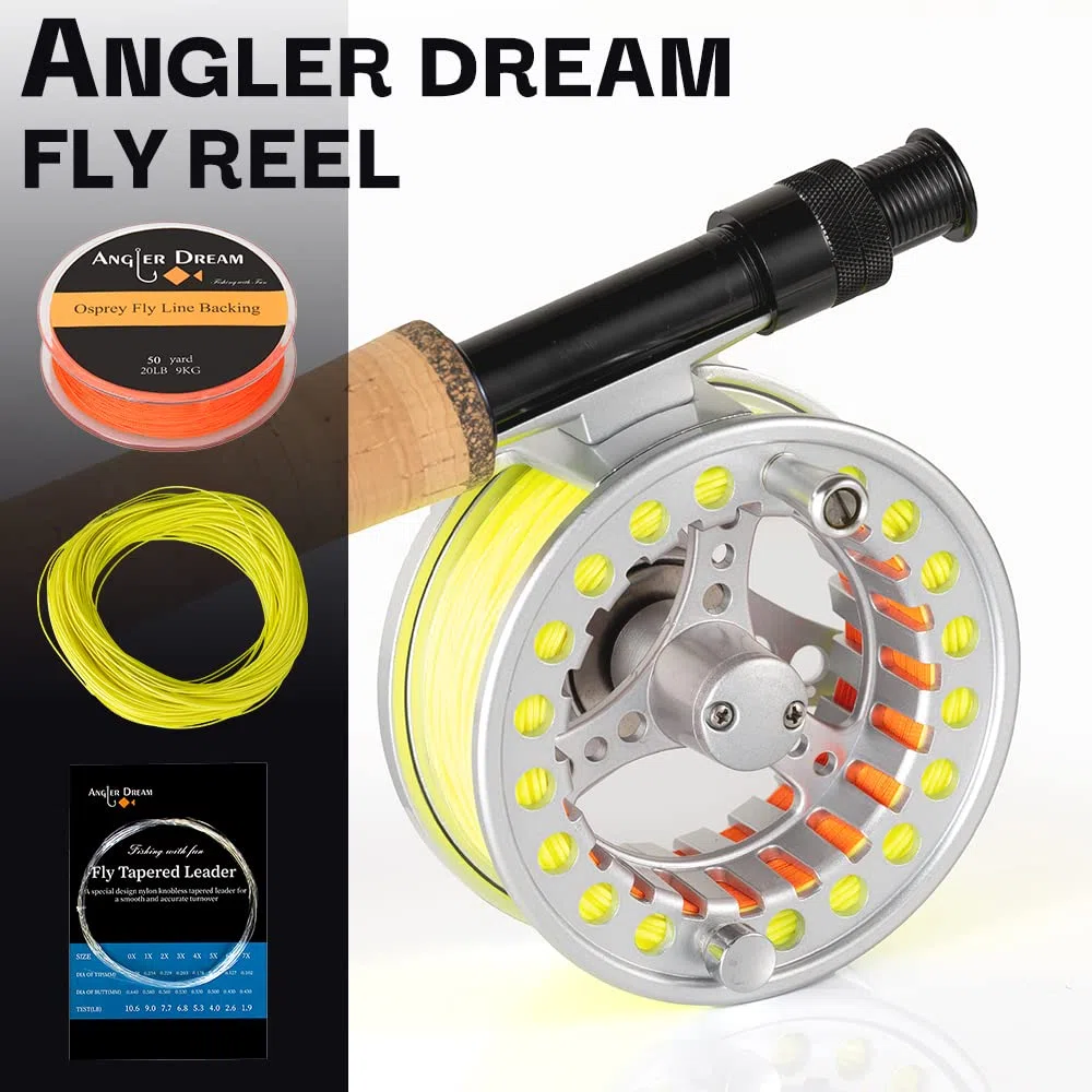 AnglerDream Moulinet de pêche à la Mouche 1, 2, 3, 4, 5, 6, 7, 8WT avec Ensemble de Ligne de pêche à la Mouche en Aluminium (Jaune Fluo, Moulinet à Mouche 3/4WT avec Combo de Ligne)