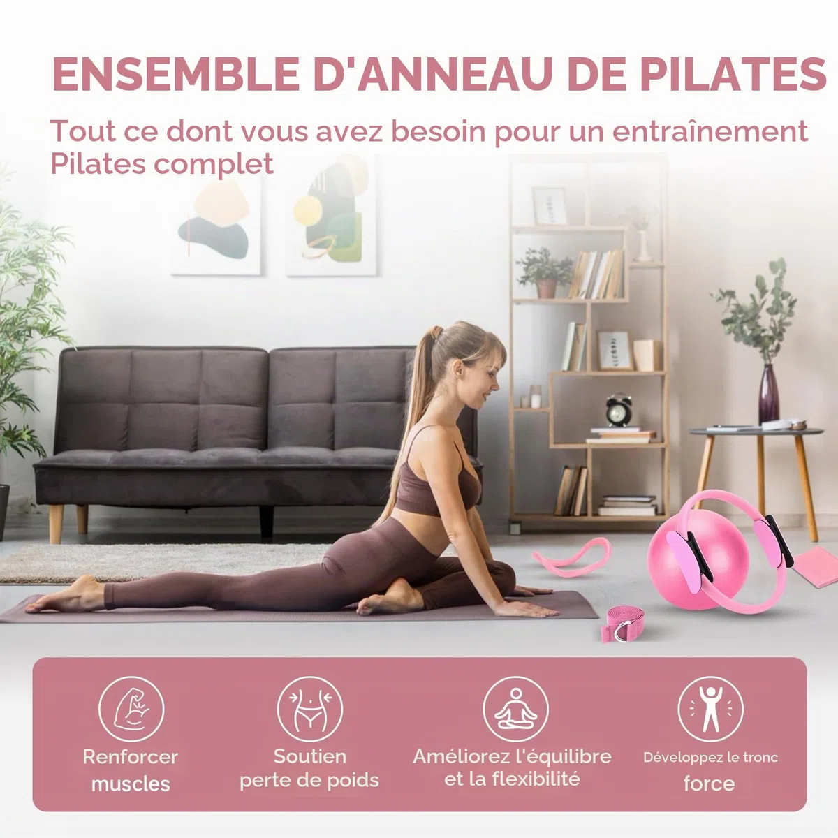 Cercle Pilates 38 cm, Kit Pilates Maison, Accessoires Anneau Yoga, Bande 1.5m, Ballon 25cm Bande d'Etirement, pour Force, Flexibilité, Stabilité, Débutants à Experts