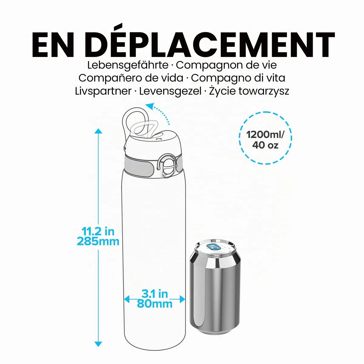 Ion8 Gourde Inox Léger 1 Litre, Non Isolé, Anti-Fuite, Facile à Ouvrir, Verrouillage Sécurisé, Lavable au Lave-Vaisselle, Poignée de Transport, Acier Inoxydable, 1200ml, Noir