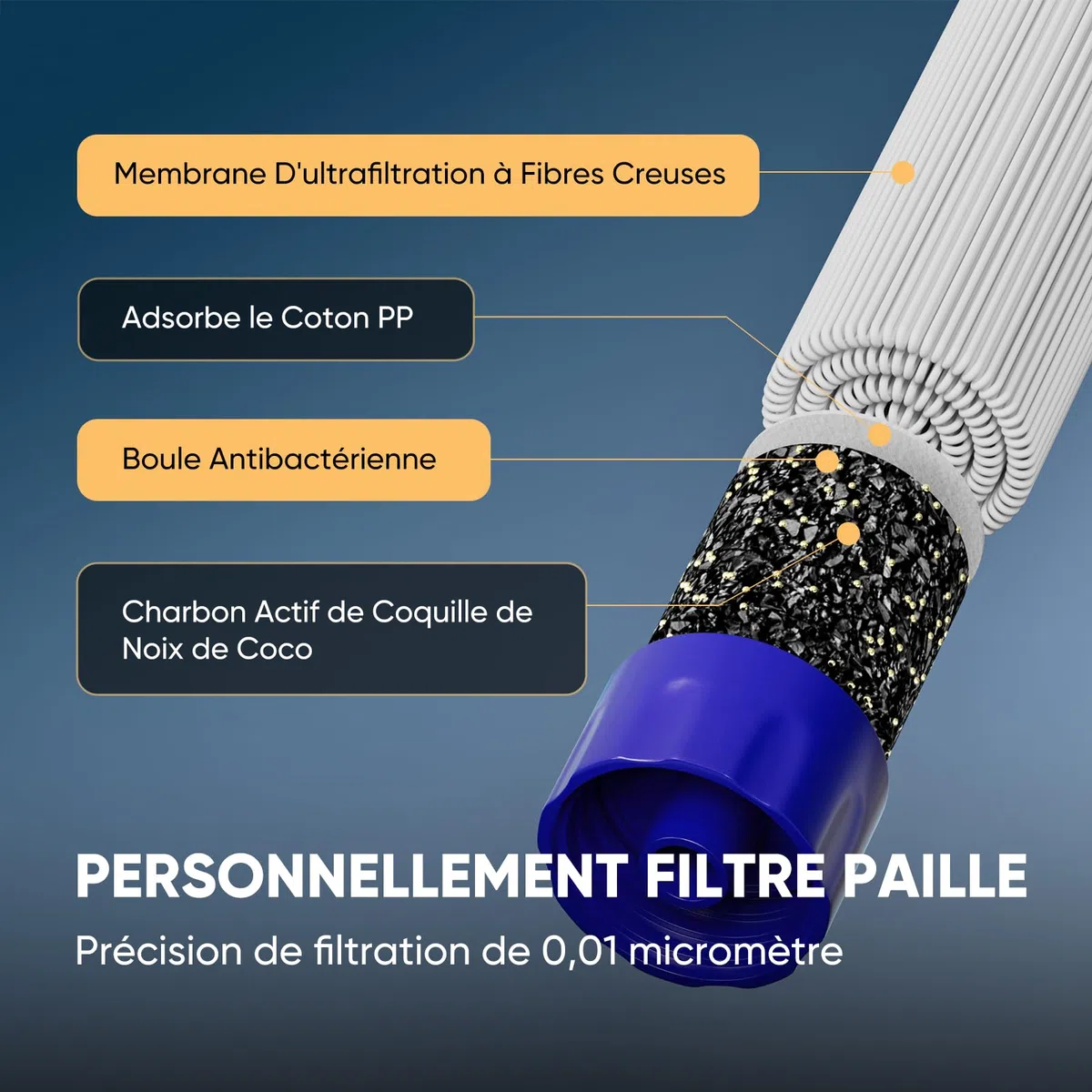 Purewell Paille Filtrante à Eau Survival - Filtre Portable 0.01 Micron Élimine 99.99% Bactéries - Avec Mousqueton - Pour Randonnée Camping Urgence - Durée de Vie 1500L Sans BPA