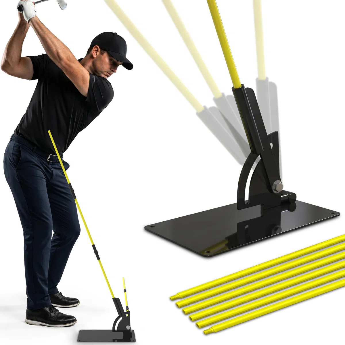 Happy Golfer Entraîneur de swing de golf pour avion de swing et alignement | Plaque avec deux bâtons d'alignement | Pour perfectionner votre swing de golf avec plusieurs exercices d'entraînement |
