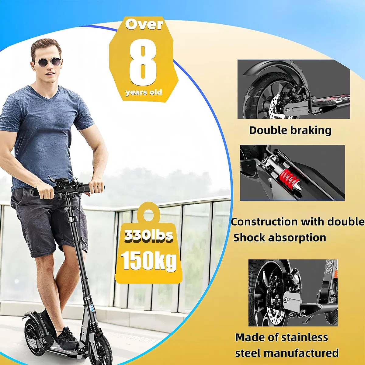 Scooter De Ville Scooter À Grandes Roues pour Adultes avec Double Frein, Double Suspension Capacité De Charge 150 Kg, Jeunes Adultes Scooter Pliable