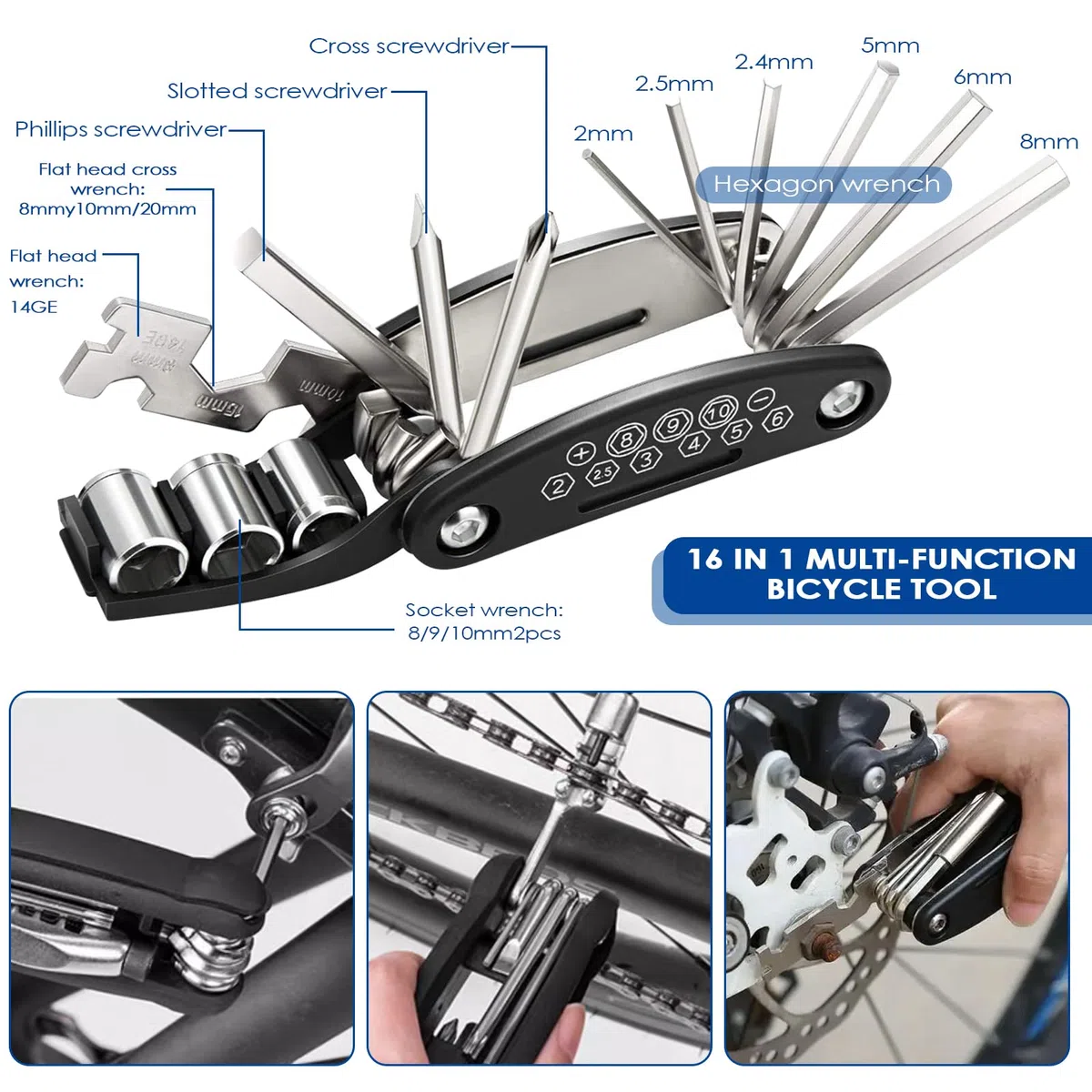 Kit Reparation Velo, 16 en 1 Kit Crevaison Velo, Trousse Multifonction Outils Pneu, Kit Velo Convient pour Une Utilisation Situations d'urgence Lors de Voyages Longue Distance