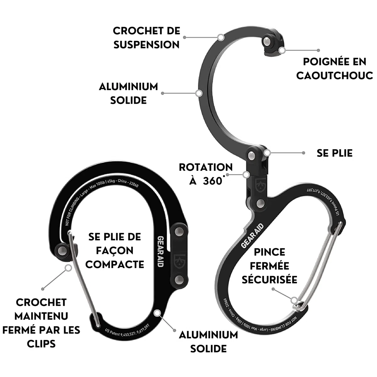 Gear Aid HEROCLIP Mousqueton et Crochet (Moyen) pour Camping, Sac à Dos, valises et Garage