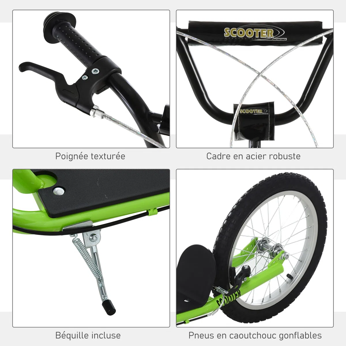 HOMCOM Trottinette patinette pour Enfants à partir de 5 Ans Grands pneus en Caoutchouc Guidon réglable poignée Frein et béquille Acier Charge Max. 100 Kg