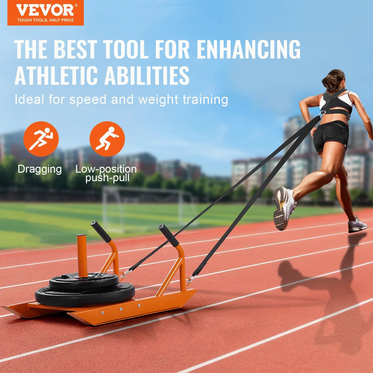 VEVOR Traîneau de Puissance Fitness Poussée et Traction, Traineau de Résistance avec Poignée, Équipement d'Entraînement de Force, Vitesse et Explosivité, en Acier, Convient aux Disques de 25 et 42 mm