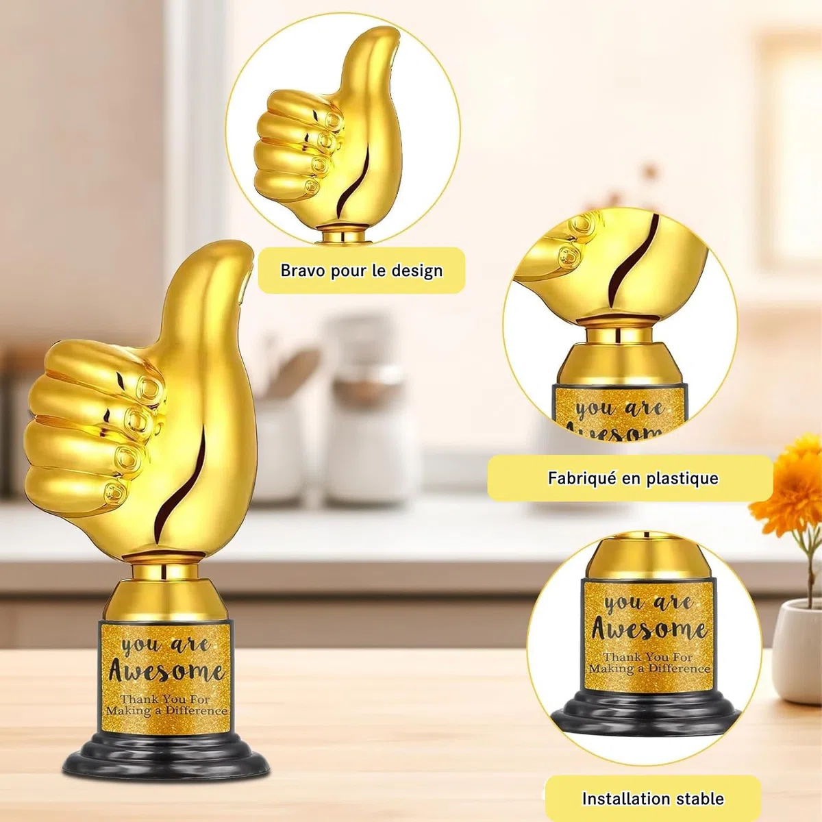24 Pièces Trophées Pouce Levé Dorés – Mini Trophées d’Encouragement avec Autocollants “Vous êtes Génial” – Récompenses pour Enfants, Enseignants, Employés, Bénévoles, École et Événements Sportifs
