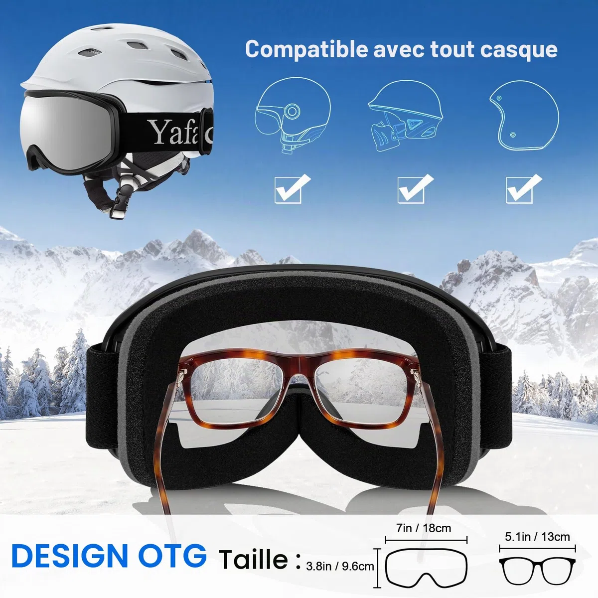 Yafaca Lunettes de Ski Anti-Buée Masque Protection UV400 Snowboard Compatible avec Casque OTG Sphérique Hommes Femme