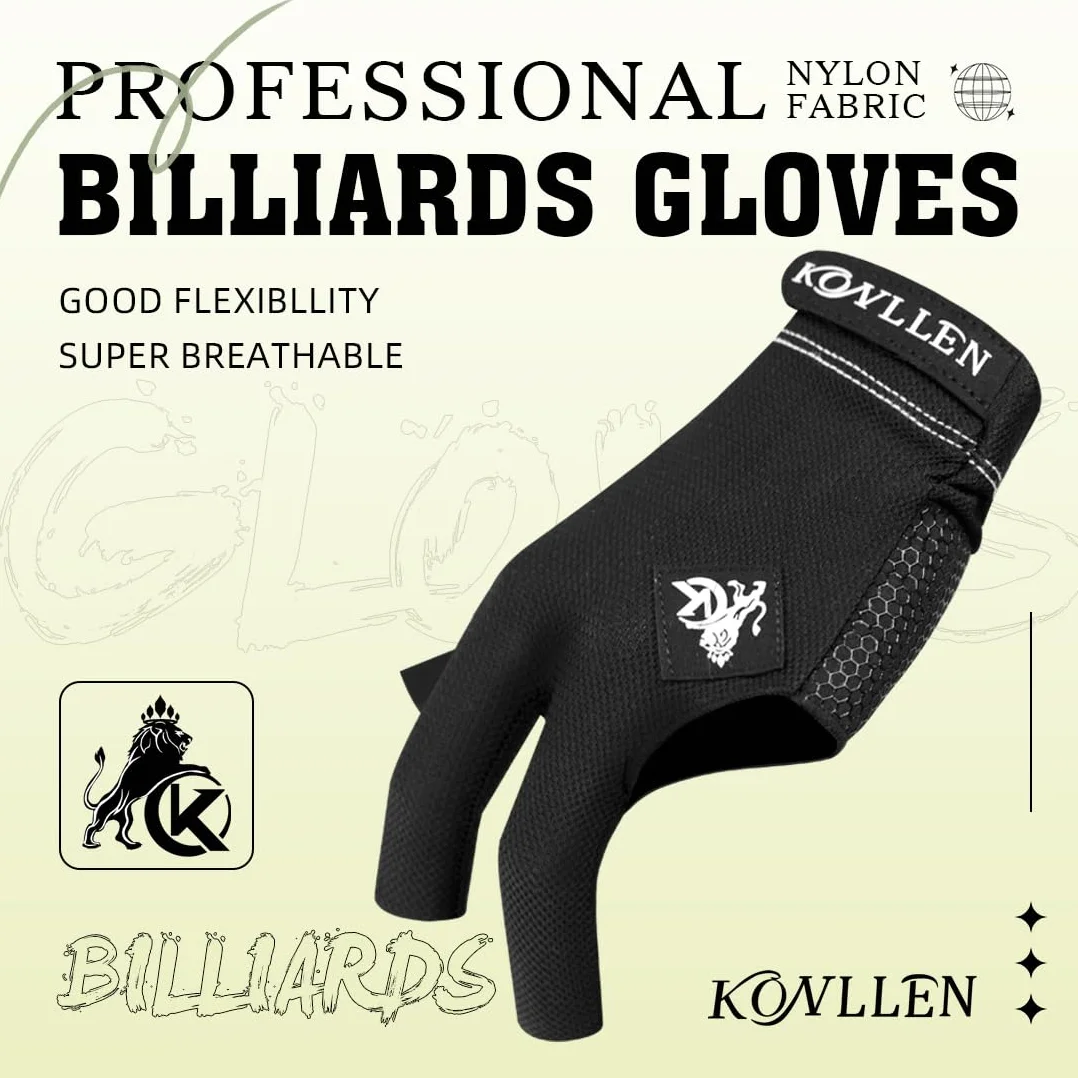 KONLLEN Gant de billard à 3 doigts pour main gauche, main droite, durable, double couture, gant de sport pour queue de billard, tailles populaires pour homme et femme