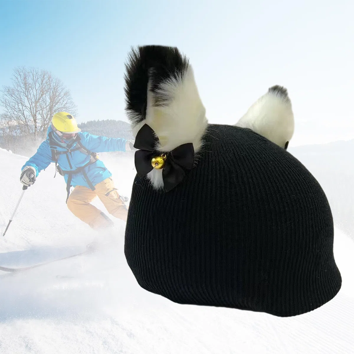 F Fityle Housse de casque de Ski, bonnet pour femmes et hommes, Sports d'hiver, extensible, dessin animé, housse de protection, chapeau tricoté, décoration de, Chaton noir