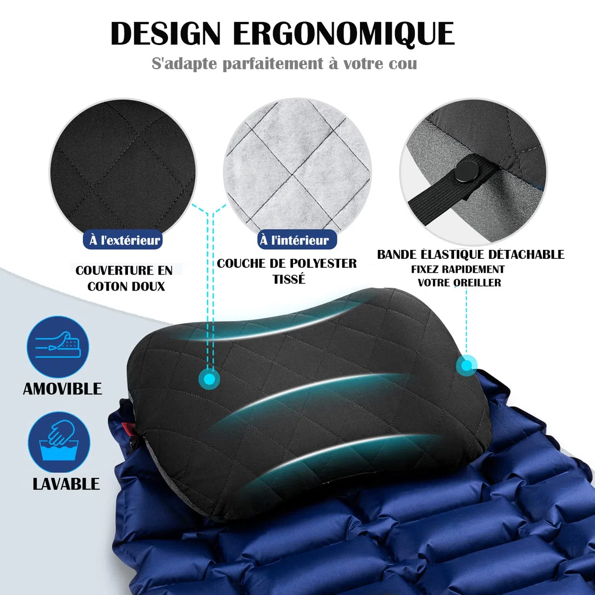 HIKENTURE Oreiller Gonflable Camping et Voyage avec Taie Amovible - Ultraléger, Compact et Confortable - Coussin Gonflable Ergonomique pour Extérieur, Camping, Trekking ou Randonnée - Noir