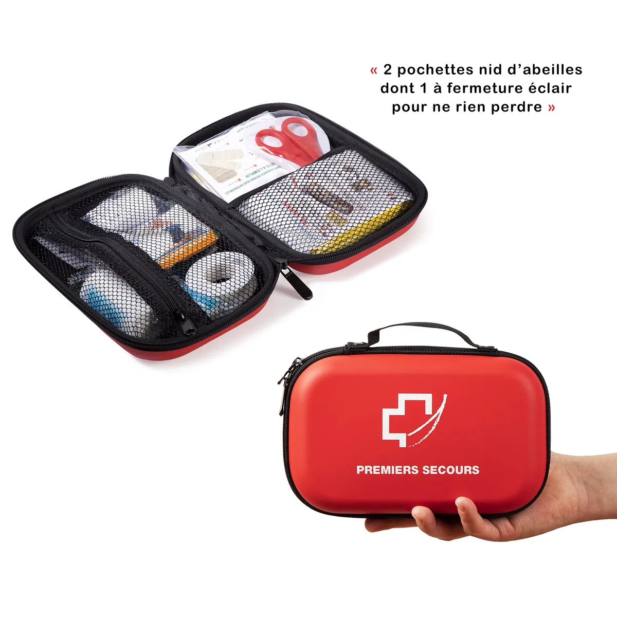 Trousse premier secours-SOCIETE FRANCAISE-Gel hydroalcoolique OFFERT- premier soin+couverture de survie/Trousse rouge à coque étanche idéal sac à dos/voiture/voyage/travail/sport/loisir/maison/enfants