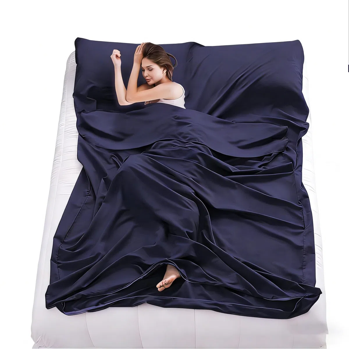 Doublure de sac de couchage, sac de couchage portable pour adulte et draps de voyage, drap de camping léger avec fermeture éclair bidirectionnelle, exposez les pieds séparément, pour hôtel, auberges