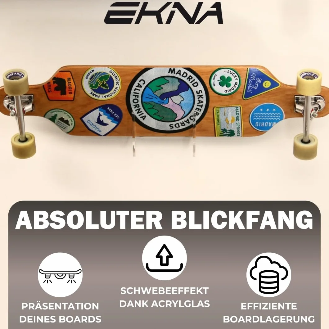 Board Addicted Support mural pour longboard, planche à roulettes, snowboard, wakeboard, planche de kitesurf etc., Board Addicted Wandhalterung für Longboards, Snowboards, Wakeboards uvm., Transparent, Universelle