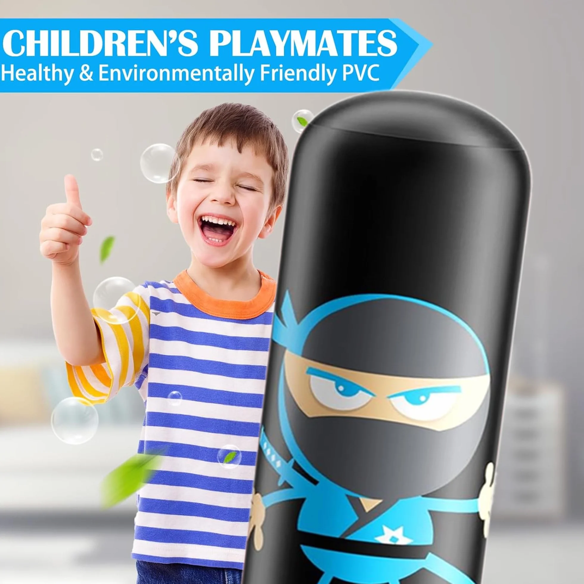 Sac de Boxe Enfant Ninja Design Gonflable Sac de Frappe avec Gants de Boxe 160cm Sac de Frappe avec Support Rebond Instantané pour S'entraîner au Karaté Taekwondo MMA Cadeaux Noel Enfant