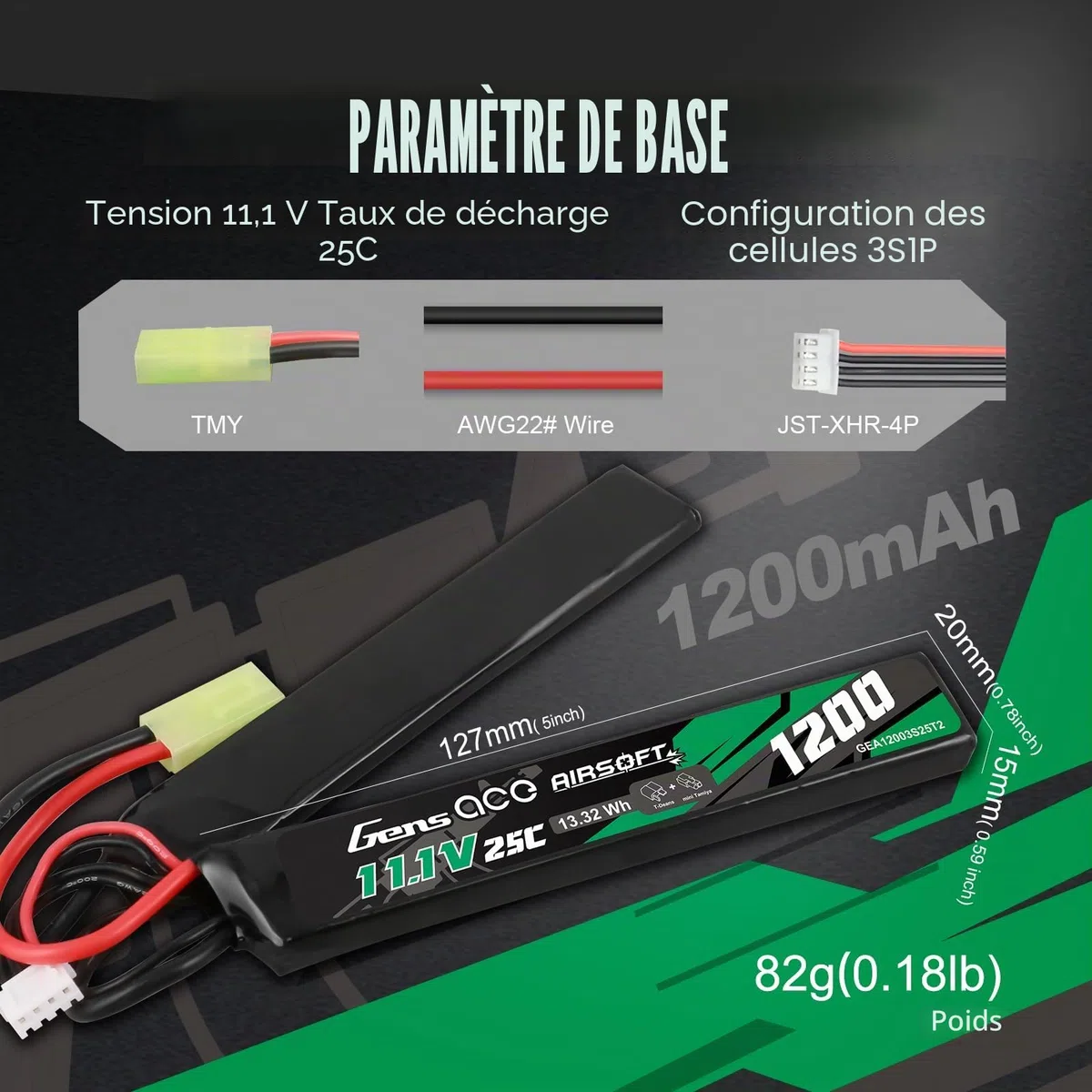 Gens ace 3s Batterie Lipo 11,1V 1200mAh 25C 3S1P 2X Nunchuck avec Connecteur Mini TMY, Compatible Répliques Airsoft AEG