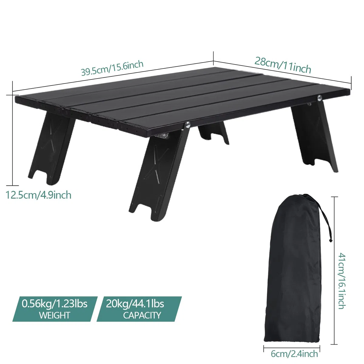 Table Pliante de Camping, Table en Aluminium Mini Pliable Portable Légère avec Sac de Transport, Petite Table d'Appoint Enroulable Pratique pour Barbecue Pique-Nique Plage Voyage (Noir)