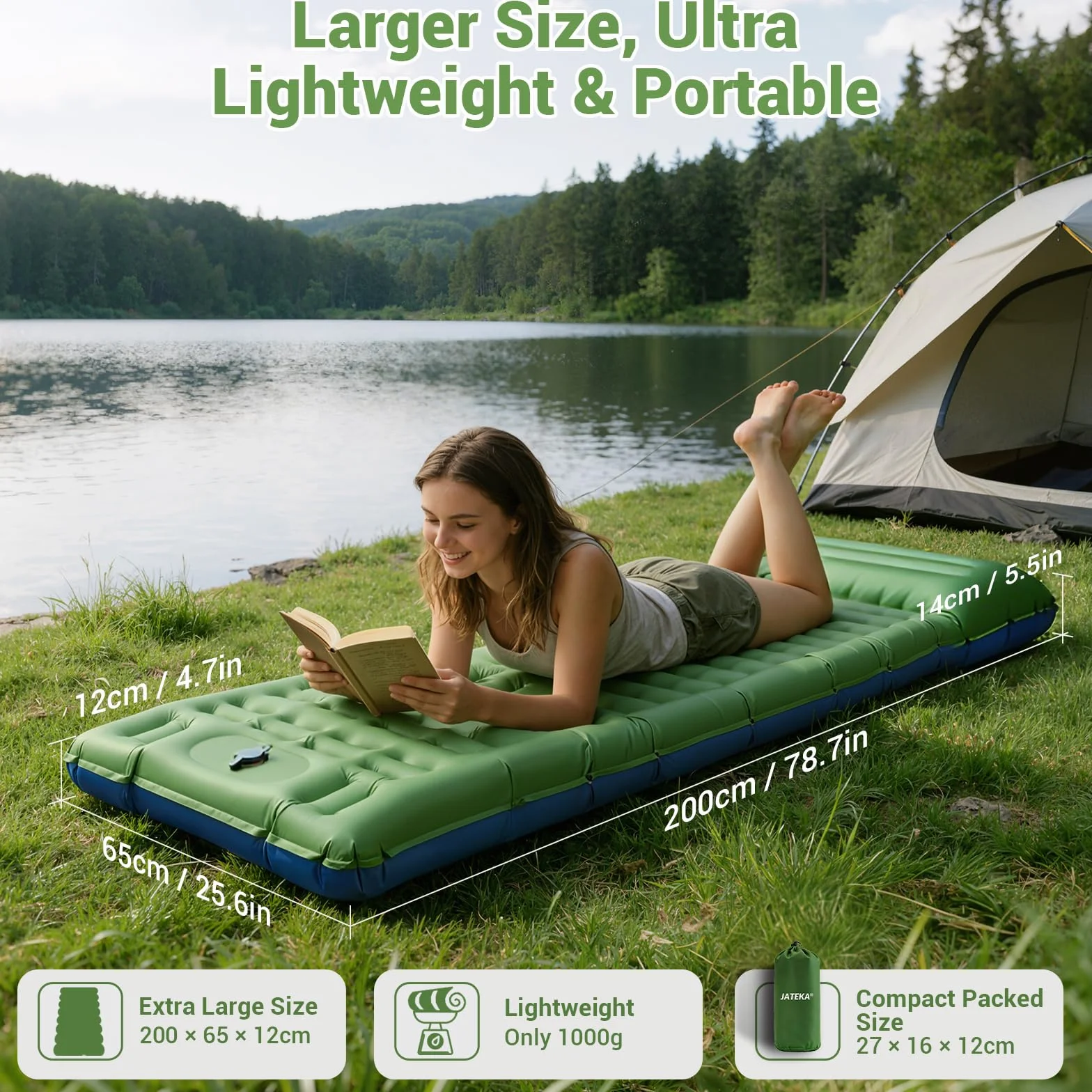 Matelas Gonflable 1 Place, Matelas Camping Gonflable Ultra Léger avec Oreiller et Pompe à Pied intégrée, Matelas Gonflable Extra-épais Résistant à l'Eau Portable pour Randonnée/Tente Bleu Verdâtre