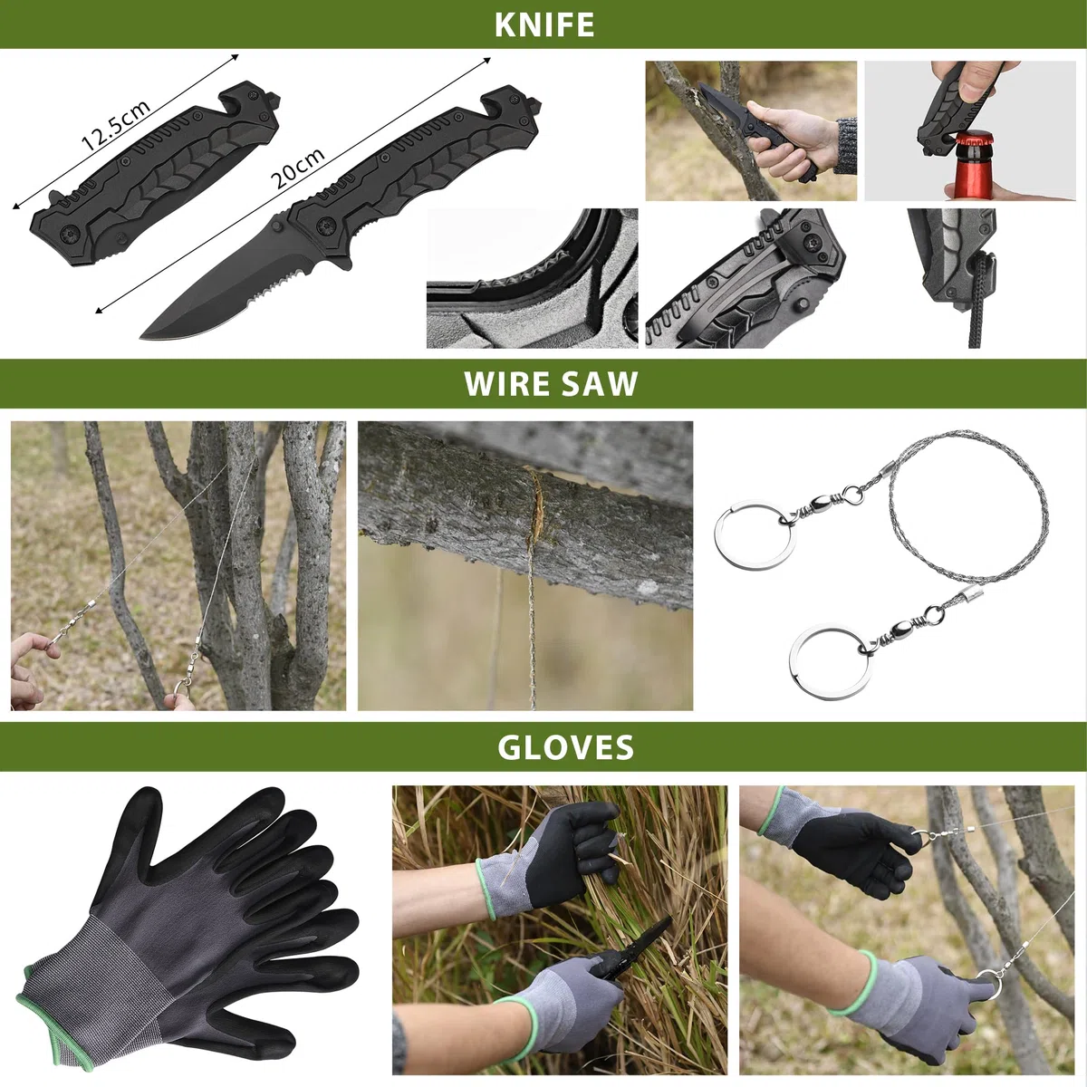 Kit Bivouac-Kit de Survie/Couteau de Survie/Sac de Survie/Urbex équipement/Urbex kit/Camping Accessoires/Randonnée Accessoires/Jumelle/Lampe Frontale Rechargeable.