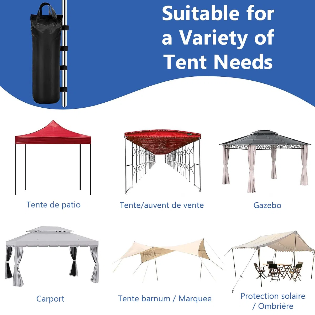 Lot de 12 Sacs de Lestage pour Tonnelle, Sacs de Sable en Tissu Oxford 800D, Capacité Totale 120 kg, Poids de Fixation Résistant pour Barnum, Tente de Jardin, Parasol Déporté et Trampoline