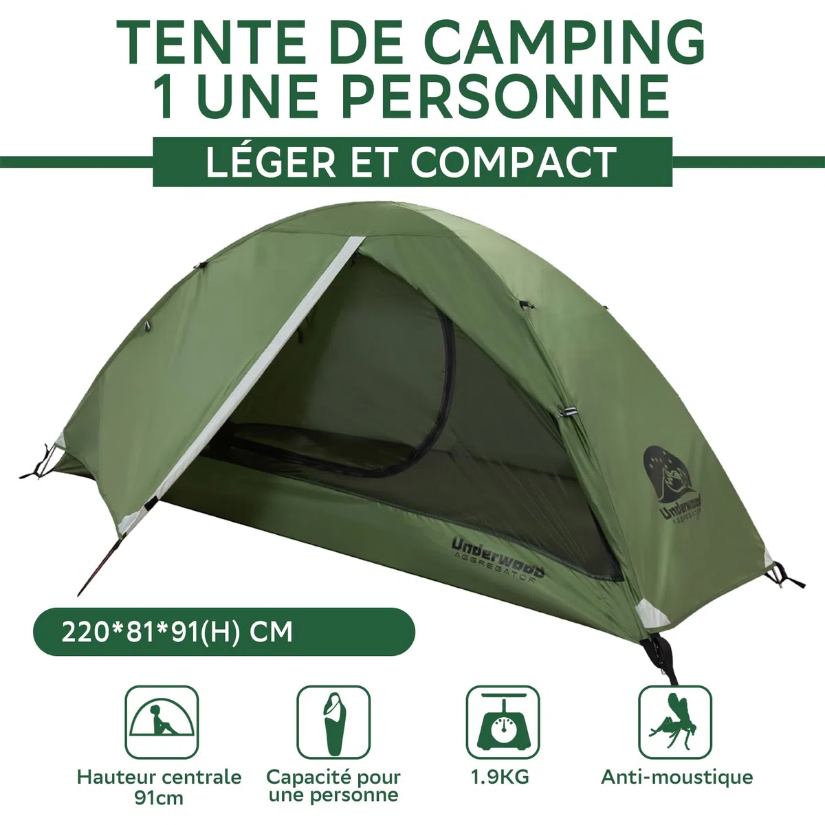 UnderwoodAggregator Tente de randonnée pour 1/2 personne,Tente légère et imperméable pour le camping, facile à installer, tente dôme compacte pour 1/2 personne, tente 3 saisons pour randonnée, camping