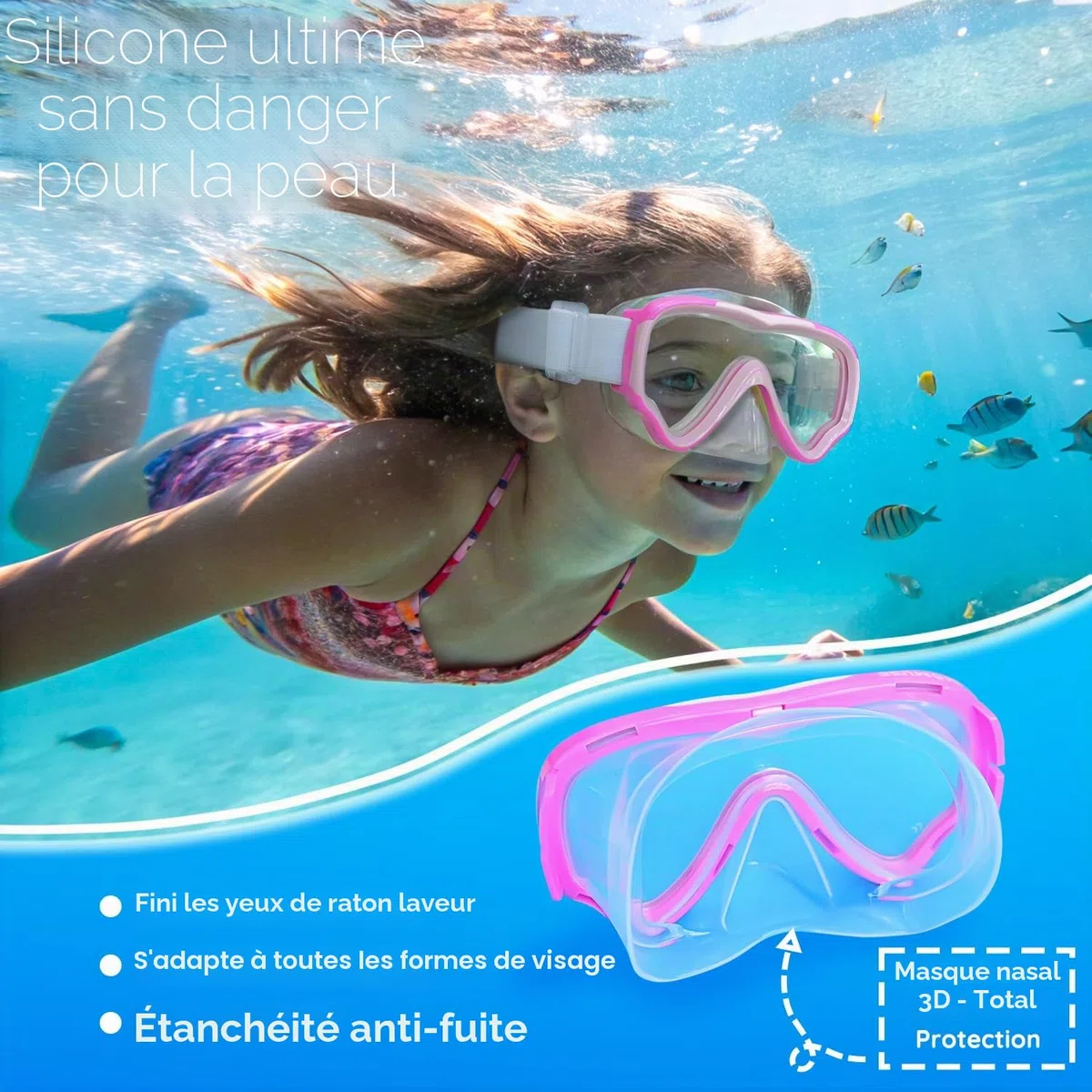 Lunette de Piscine Enfant avec Sangle en Tissu Doux, MOMUSE Masque de Plongée Enfant avec Couvercle de Nez 3D, Lunettes de Natation pour Garçons et Filles de 4 à 14 Ans