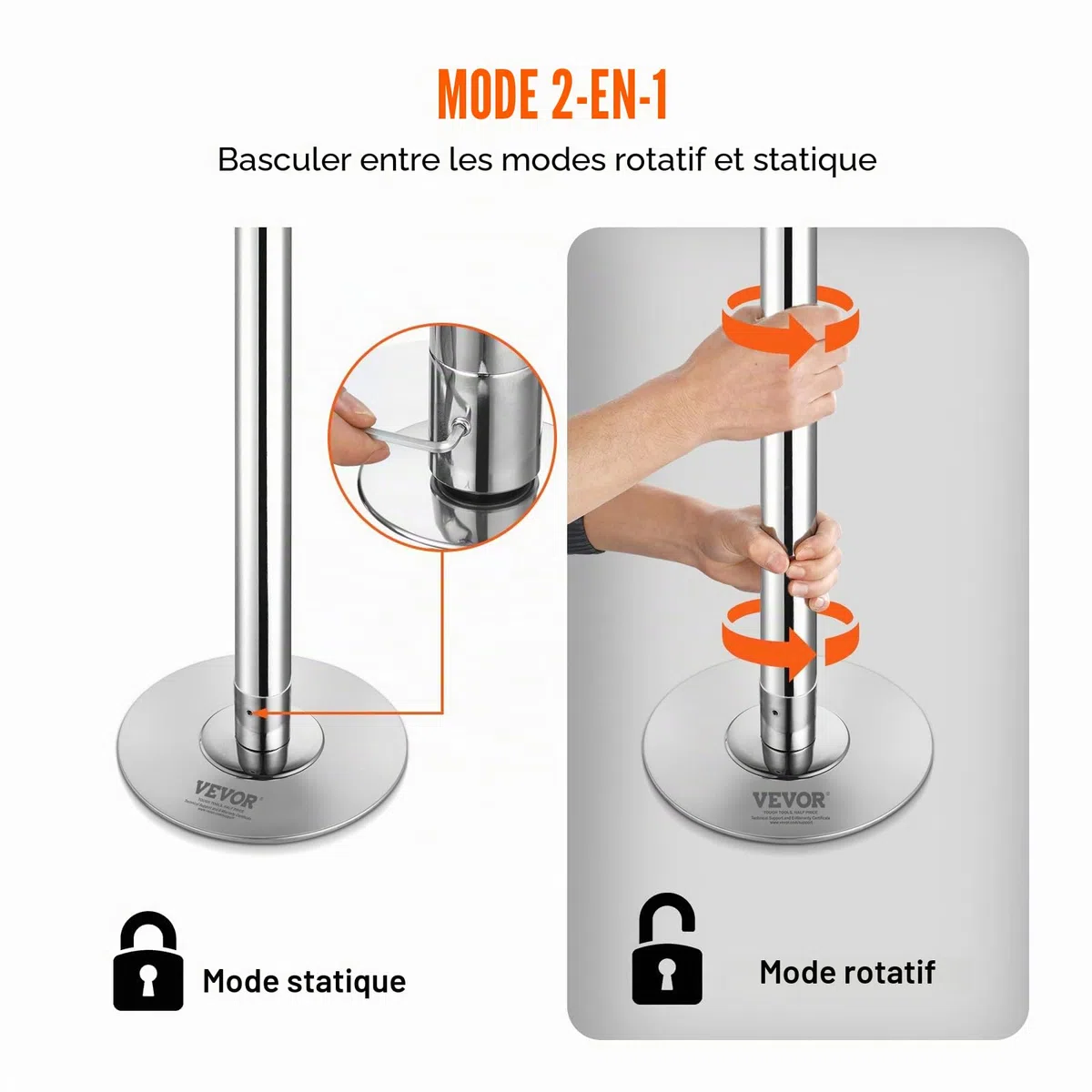 VEVOR Barre de Pole Dance Professionnelle, Pôle de Danse Statique et Rotatif, Kit de Danse à la Barre Verticale Amovible et Portable, Poteau en INOX Robuste 45 mm, Hauteur Réglable, pour Bar Domicile