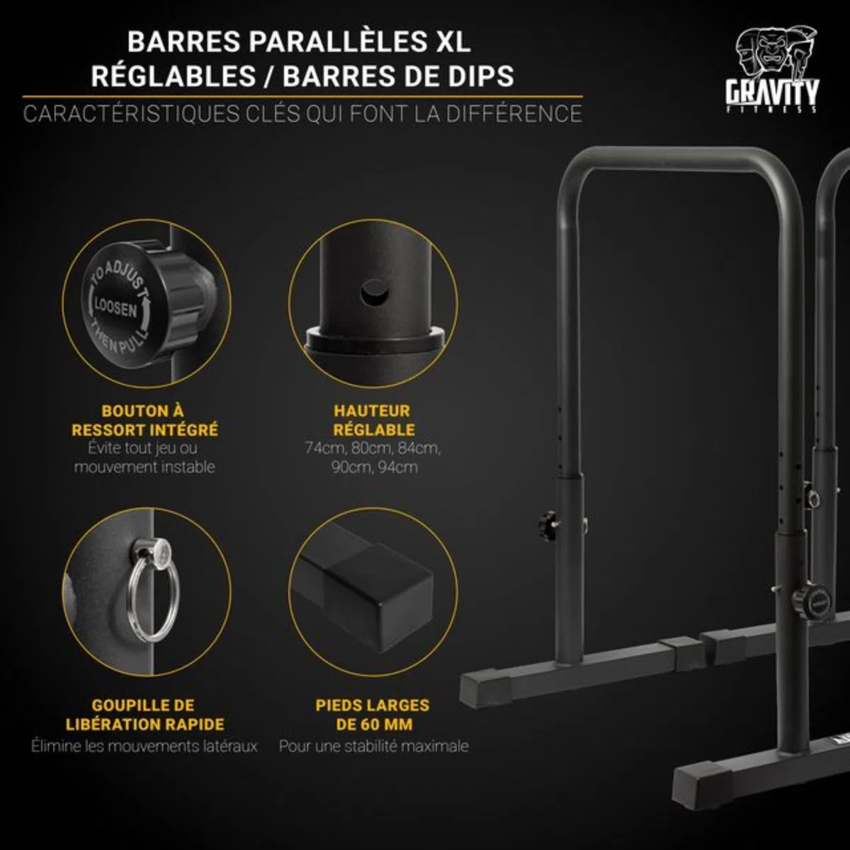 Gravity Fitness Barres de Dips XL - Meilleures Parallettes pour Calisthénie, Musculation Maison & Gym - Barres Ajustables 38mm pour Dips, Entraînement Calisthenics, Parallettes Fitness