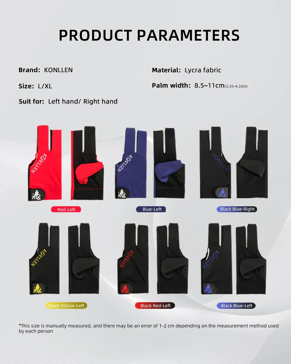 KONLLEN Gants de billard pour main gauche/main droite L/XL Gants de billard professionnels antidérapants réglables respirants Tailles populaires pour homme et femme