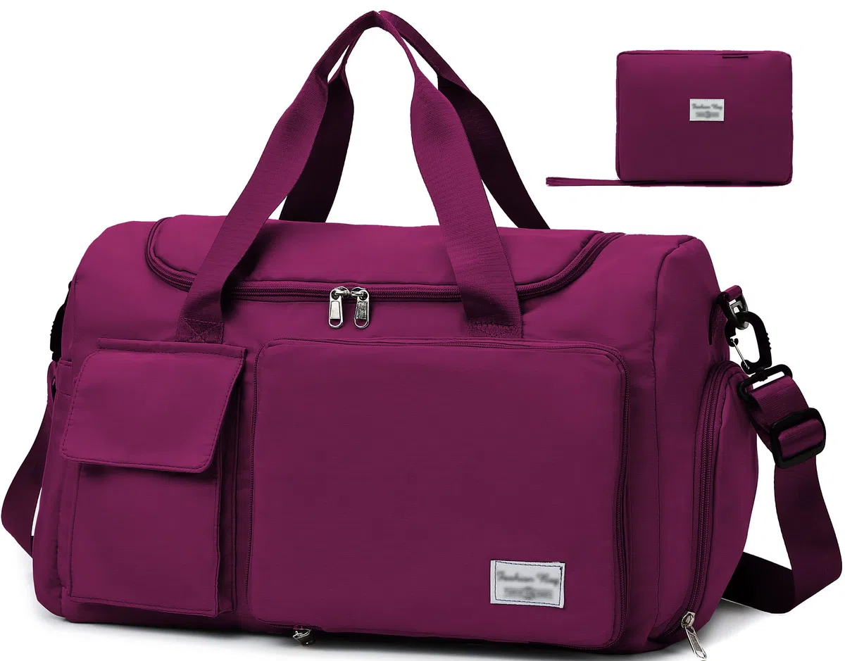 Sacs de Sport Femme, Pliable Sac de Voyage avec Compartiment Chaussure y Poche Humide, Grande Capacité Sac de Fitness, Imperméable Sac à Gym Sport Léger Sacs de Week-End Bag, Mauve