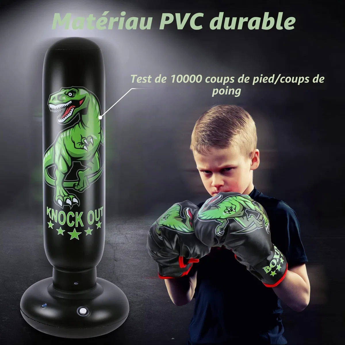 Sac de Frappe Dinosaure pour Enfants - Sac de Boxe autoportant de 160 cm avec Gants de Boxe - Jouets Sportifs Dinosaures féroces Sac de Sable pour l'entraînement Karaté Taekwondo MMA