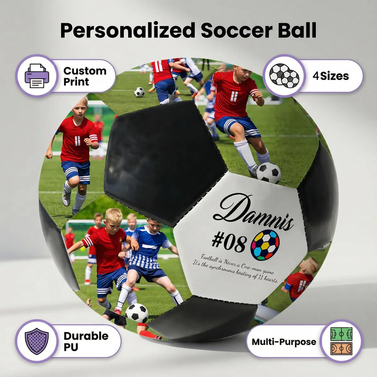 Ballon de Foot Personnalisé avec Photo - Ballon de Match sur Mesure Nom, Souvenir de Jeu, Cadeau Parfait pour Fils Fille Copain Père Entraîneur, Supporters de Foot, Anniversaire Diplôme S-XL