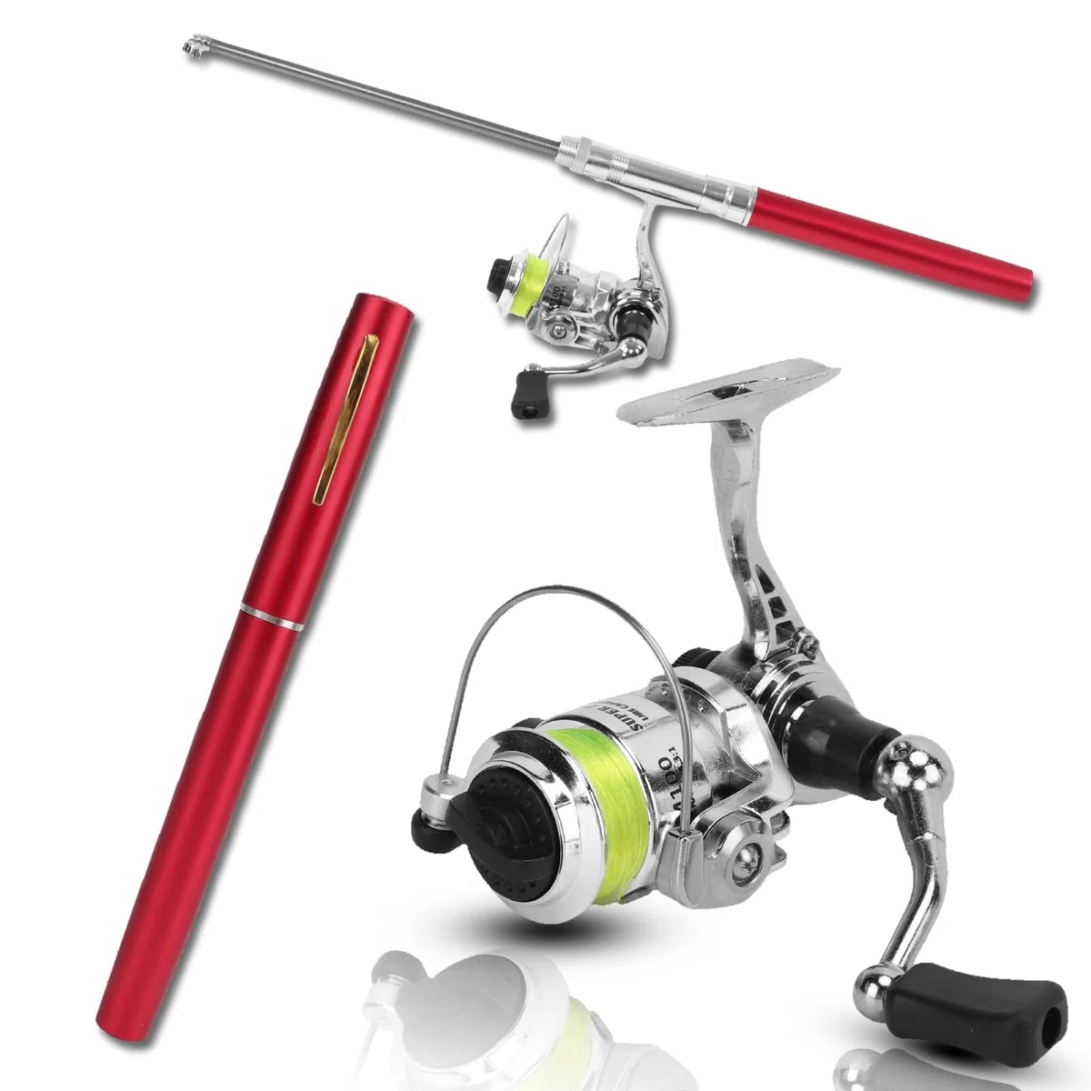 Canne à Pêche et Moulinet en Forme de Stylo, Pêche en Eau Douce et Salée, Rétractable, Rouge