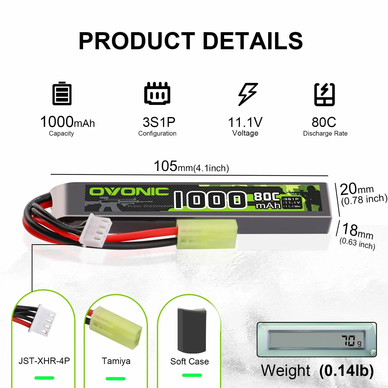 OVONIC 3S Lipo Lot de 2 batteries Lipo 11,1 V 80 C 1000 mAh avec mini connecteur TMY pour Airsoft Guns