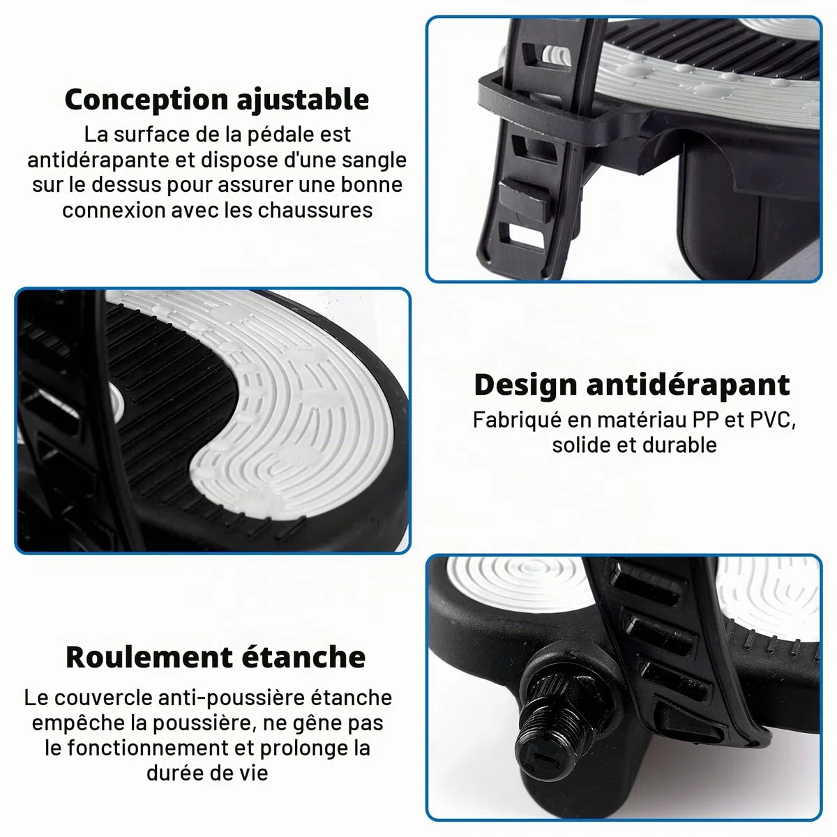 Pédales de vélo d'appartement avec sangles réglables - Filetage 9/16 - Surface antidérapante - Pédales de rechange pour vélo d'appartement, vélo de fitness d'intérieur
